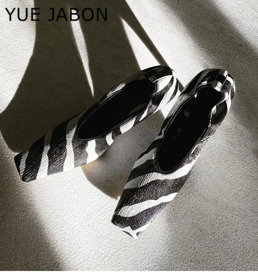 Black Square Head Early Spring New Lady Pumps Zebra-Print Soft Leather Pleated Elastic Witch High Heel Deep Mouth Granny Shoes