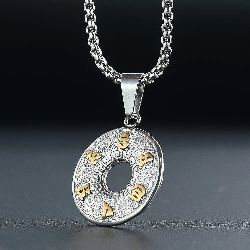 Buddhism Sanskrit Oṃ Six Syllable Mantra Lotus Flower Titanium Steel Pendant Necklace Mascot Amulet Charms Dangle Choker Jewelry