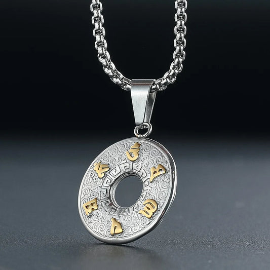 Buddhism Sanskrit Oṃ Six Syllable Mantra Lotus Flower Titanium Steel Pendant Necklace Mascot Amulet Charms Dangle Choker Jewelry
