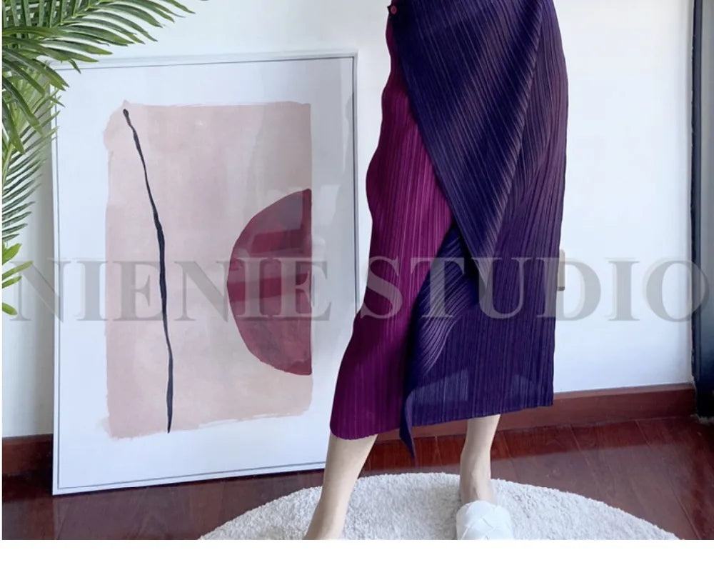 Miyake Pleated Skirt High Waist One Button Stitching Long Asymmetrical Skirt Two Piece Straight Korea Fashion Aesthetic Clothes