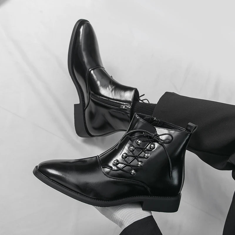 Autumn New Men's Pointed Side Zipper Comfortable High Top Boots Fashionable Brand Men Business Banquet Personalized Short Boots