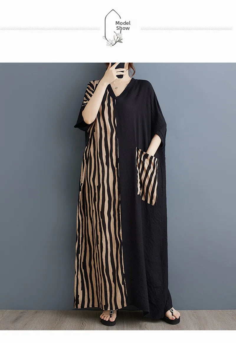 Long V-Ne ort Sve Printed Slimming Cotton Linen Dr Color Blo Casual Loose Fit Summer Faion plus Size Women