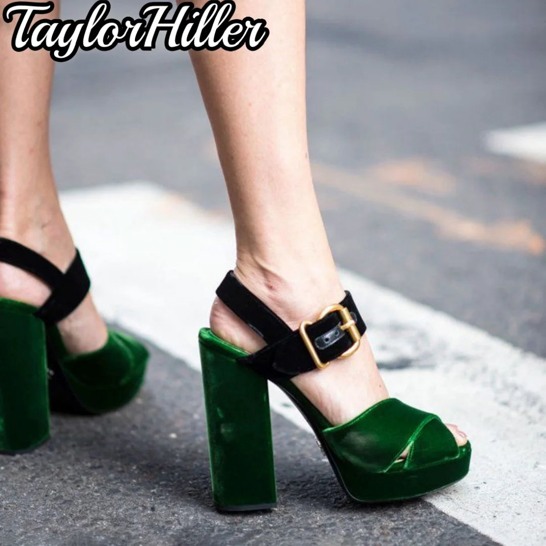 Velvet Cross Strap Platfrom Heeled Sandals Peep Toe Block Heel Buckle Strap Shoes Women Mixed Color Solid Shallow High Heels New