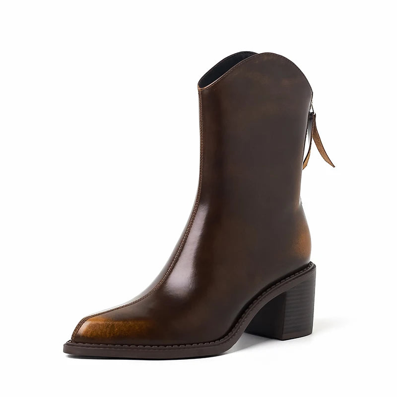 Ods New Women Genuine Leather Pointed Toe Knee High Boots Black White Brown Side Zipper Female Shoes Thick Heel Plus Size 42