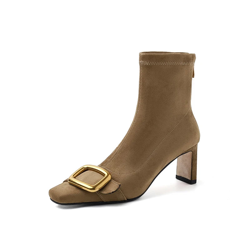 Ods Personalized Low-heeled Fashion Boots for Fall/winter New Pointed Metal Square Buckle Back Zipper Stretch Thin Ankle Boots42