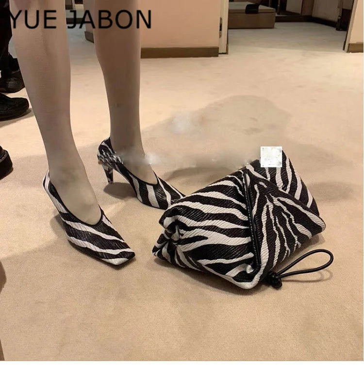 Black Square Head Early Spring New Lady Pumps Zebra-Print Soft Leather Pleated Elastic Witch High Heel Deep Mouth Granny Shoes