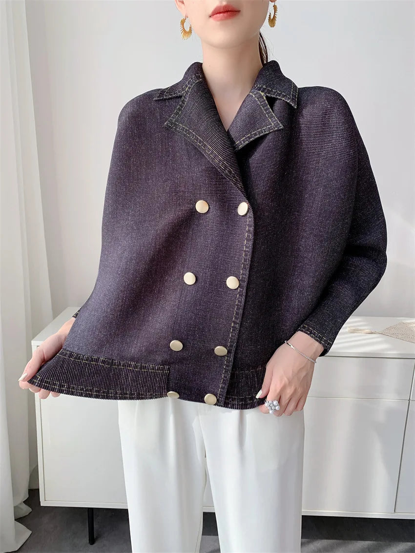 Miyake Women's Early‑Autumn Toothpick‑Texture Pleated Jacket, Relaxed‑Vibe Casual Outerwear, Slim‑Fitting Draping Commuter Top