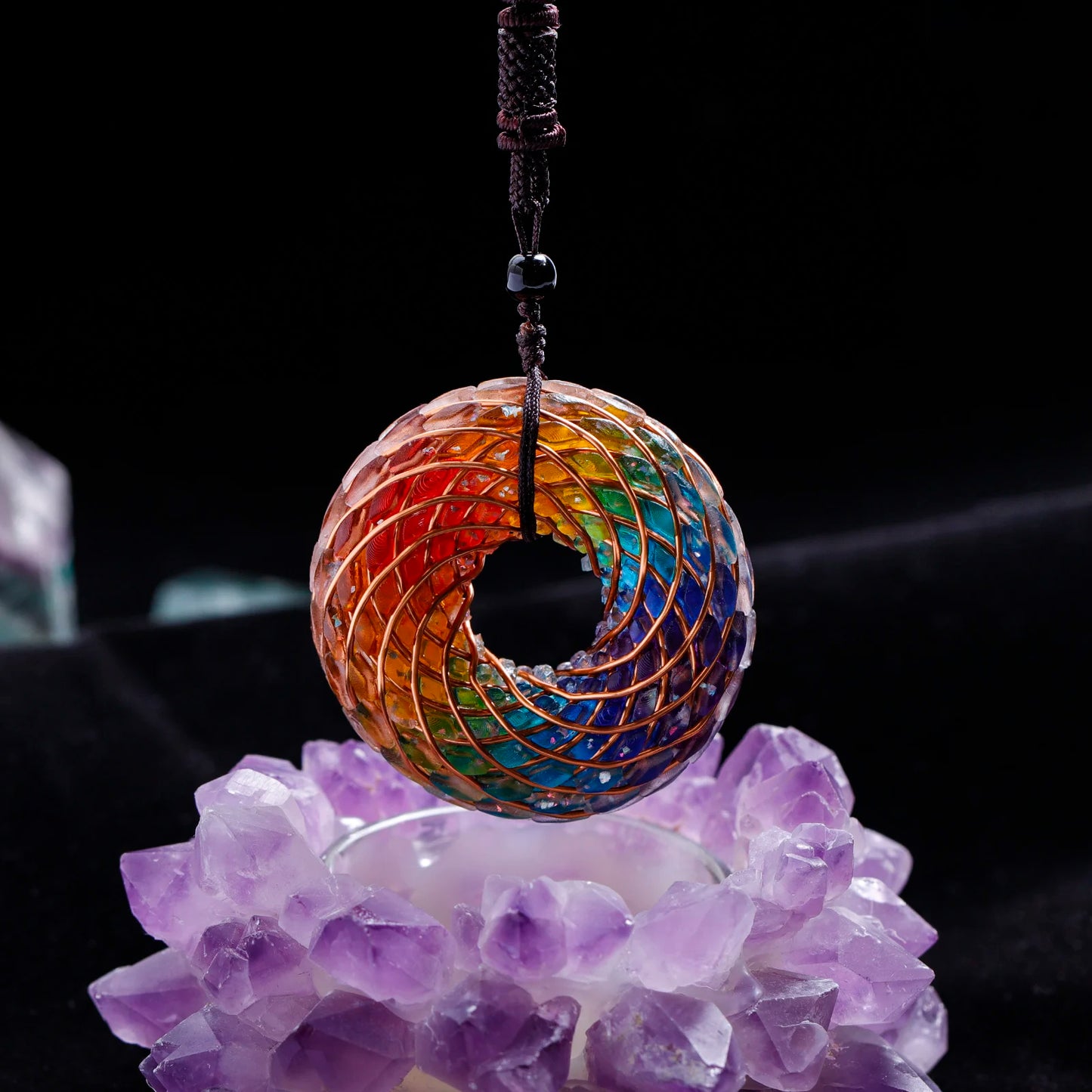 Rodin Coil &Opal Orgone Pendant Necklace , Blue glass pendant jewelry, Chakra Balancing, Adjustable Chain