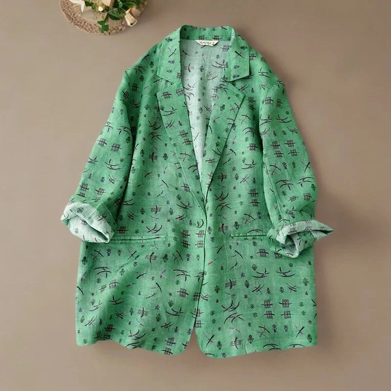 New Women's Spring and Summer Ramie Printed Cropped Sleeves Loose Suit Jacket Women's Casual Literary Thin Coat Women's Coat