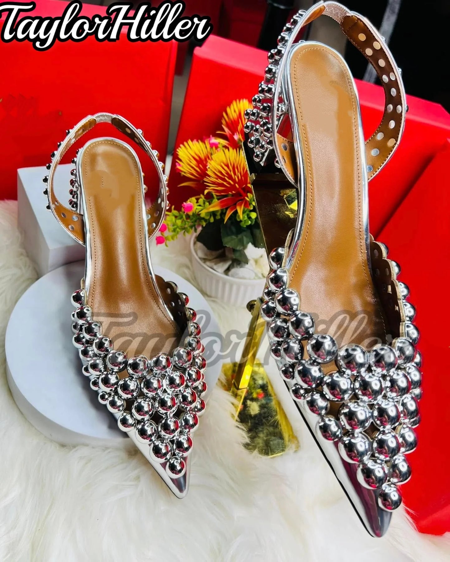 Golden Silver Ball Decor Heeled Sandals Slingback Women Pull On Slip On Shoes Pointy Toe Luxury Studded Metallic Luster Heels