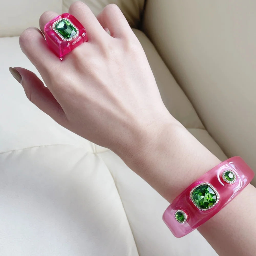 Luxury Jewelry Set Woman Resin Chunky Bangles Rings Exaggerated Geometric Round Gradient Open Bracelet Party Gift Accessories