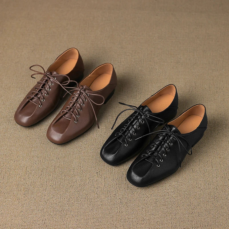 Soft Pumps Women Square Toe Lace Up Young Lady Casual Pumps For Students Low leather heels Heels Shoes