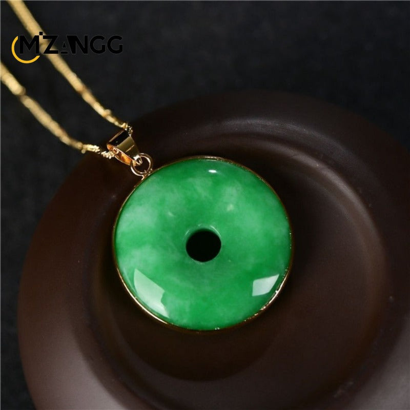925 Silver Inlaid Natural Yang Green Jade Peace Buckle Goodluck Pendant  Men's and Women's Lutong Jadeite Necklace Exquisite Jewelry
