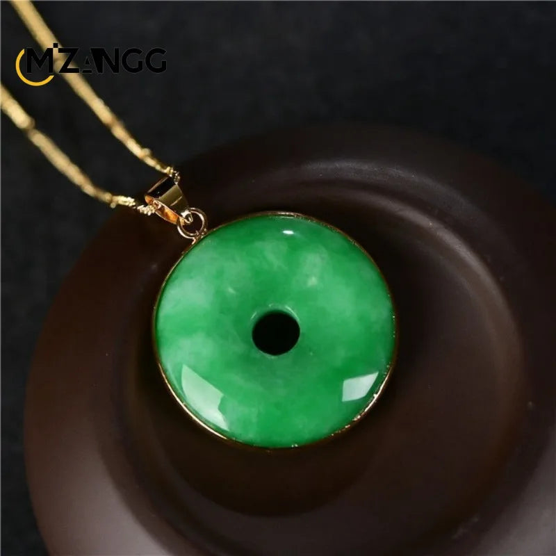 925 Silver Inlaid Natural Yang Green Jade Peace Buckle Goodluck Pendant  Men's and Women's Lutong Jadeite Necklace Exquisite Jewelry