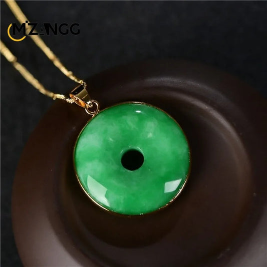 925 Silver Inlaid Natural Yang Green Jade Peace Buckle Goodluck Pendant  Men's and Women's Lutong Jadeite Necklace Exquisite Jewelry