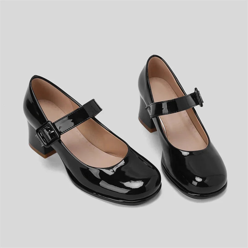 Spring Autumn Women Platform Mary Janes High Thick Heel Orange Red Patent Leather Dress Office Lady Round Toe Buckle Strap Pumps