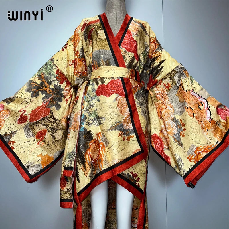 WINYI Summer Beach Wear Cover Up Lady Irregular cardigan printing elegant Silky and skin-friendly sexy Holiday Kimono maxi dress
