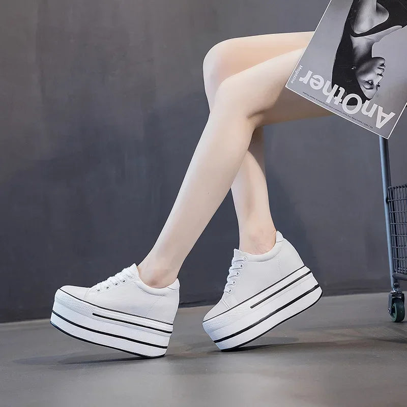 Fujin 7.5cm Fashion Canvas Shoes Breathable Women Super High Heel Sneakers Platform Shoes Women Autumn Autumn Women's Shoes