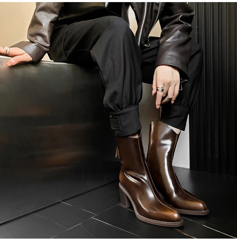 Ods New Women Genuine Leather Pointed Toe Knee High Boots Black White Brown Side Zipper Female Shoes Thick Heel Plus Size 42