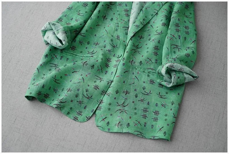 New Women's Spring and Summer Ramie Printed Cropped Sleeves Loose Suit Jacket Women's Casual Literary Thin Coat Women's Coat