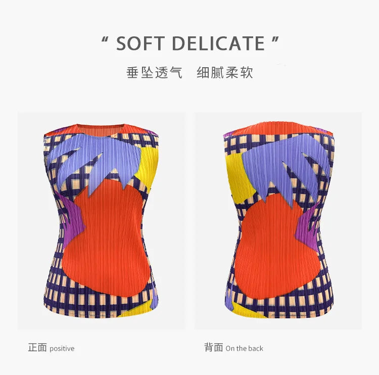 Miyake Pleated Sleeveless Vest Women's Spring and Summer New Contrast Color Geometric Print Loose Casual Fashion Round Neck Top