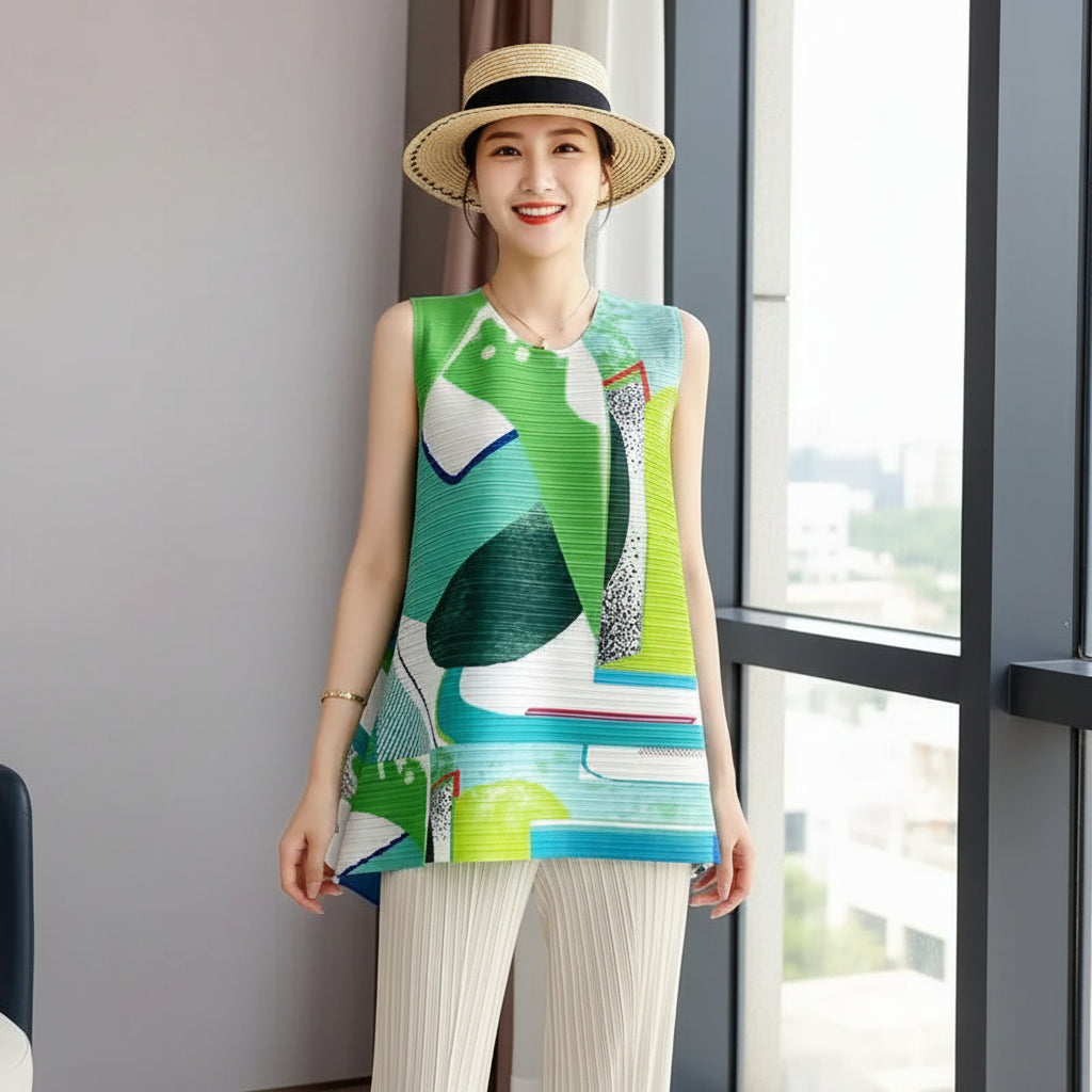 Woman Top Clothes Miyake Pleated Fashion Age-reducing Printed Vest top Large Size T-shirt Short Loose Design Shirt Summer