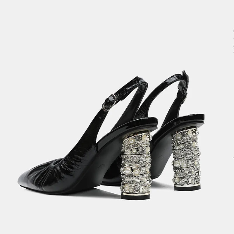 Luxury Pearls Rhinestones Genuine Leather Women Pumps Elegant Pointed toe Pleated Slingbacks High heels Female Party Dress Shoes