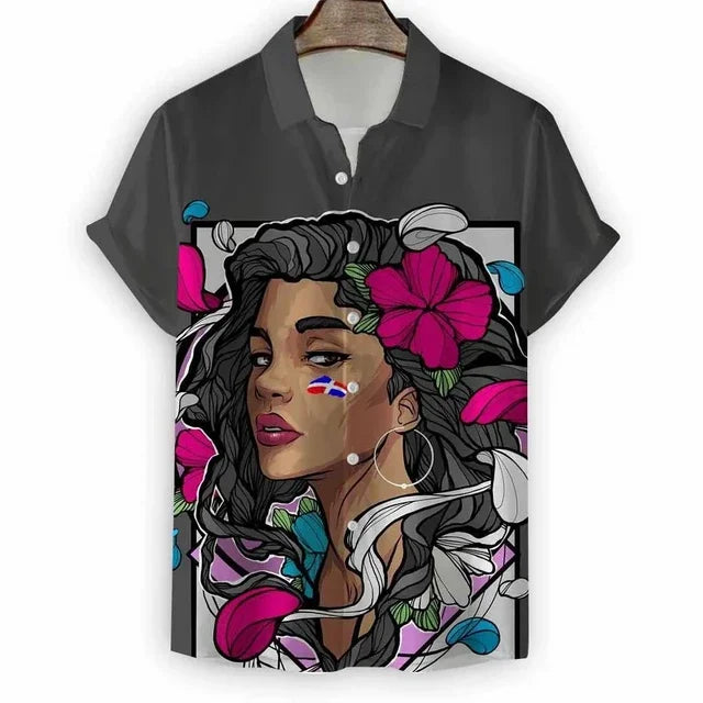 2024 New Beach Modern Girls Print Men's Shirt Casual Fashion Shirt Button Lapel Streetwear Oversized Men's Short Sleeve Shirt