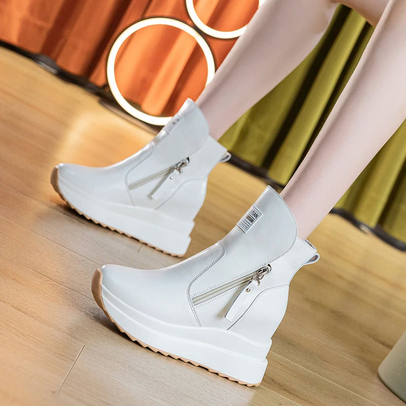 9cm White Black Women Ankle Boots Platform Wedge Heel Booties Shoes Microfiber Leather Spring Winter Fashion Sneakers High Top