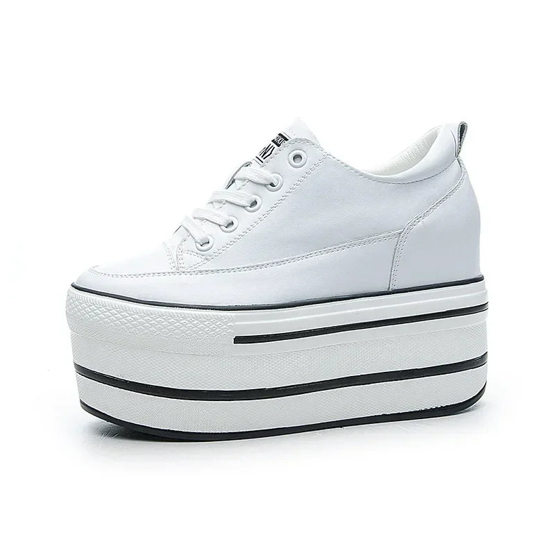 Fashion 10.5cm High Thick Heel Platform Flats Women Casual Shoes Genuine Leather Soft Quality Casual Shoe Sneakers White Black