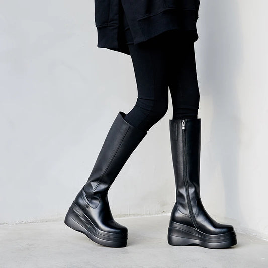 Top‑Grain Cowhide Cow Leather Women Mid Calf Boots Platform Wedge Heel Side Zipper Round Toe Thick Sole Fashion Winter Shoes