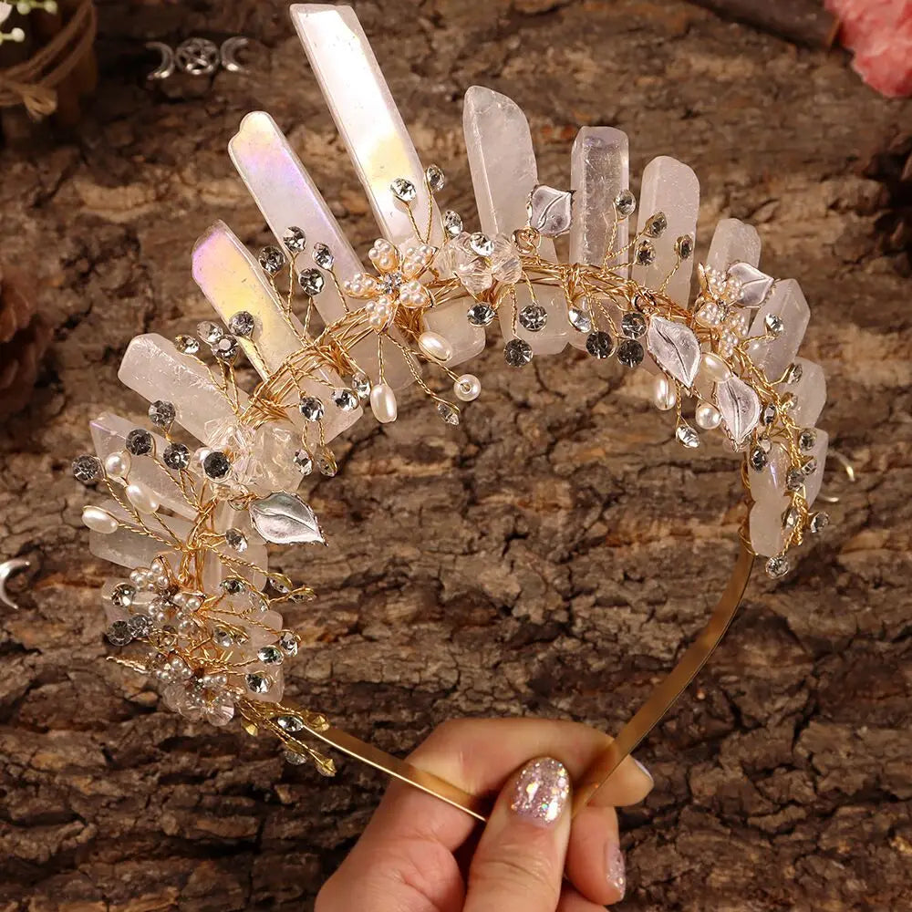 Natural Amethyst Quartz Crown Raw Stone Wand Hairpin with Flower Rhinestone Hand Crafted Women Hair Band for Party Birthday Gift