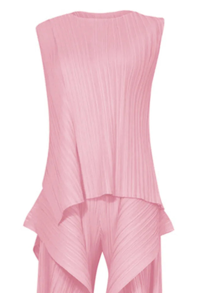 Miyake Irregular Designer Pleated Two Pieces Set Women Sleeveless Elegant Top Wide Leg Loose Trousers Summer Lady Clothing