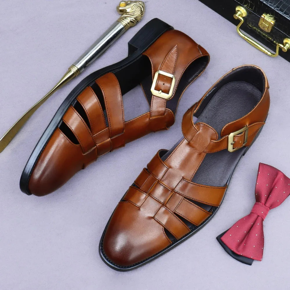 Premium Leather Sandals For Men Top Grain Cowhide Summer Slippers Breathable Lightweight Driving Shoes