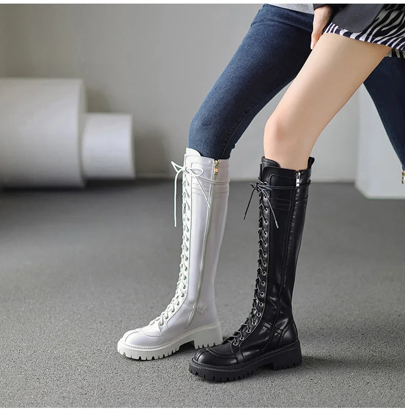 Ods Genuine Leather Women's High Knee Boots Winter Shoes Sexy Lace Up Black White Low Heels Party Shoes Girls Large Size 414243
