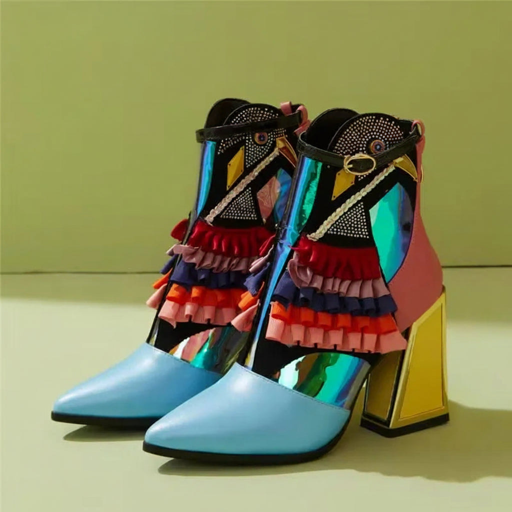 Mixed Color Women Boots Novetly Pointed Toe Thick Bottom Platform Ankle Boots Women Blingbling Shoes Mujer Modern Bota All Match