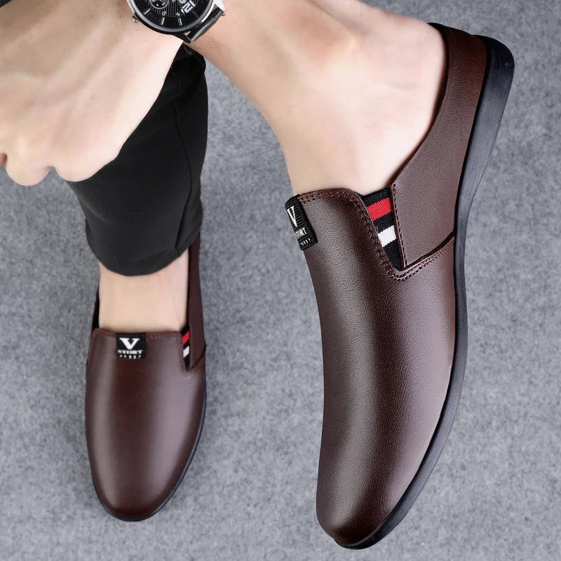Men's Leather Black Half Leather Shoes Fashion Non-slip Half Trailer Men Sandals Moccasin Breathable Soft Flats Men Driving Shoe