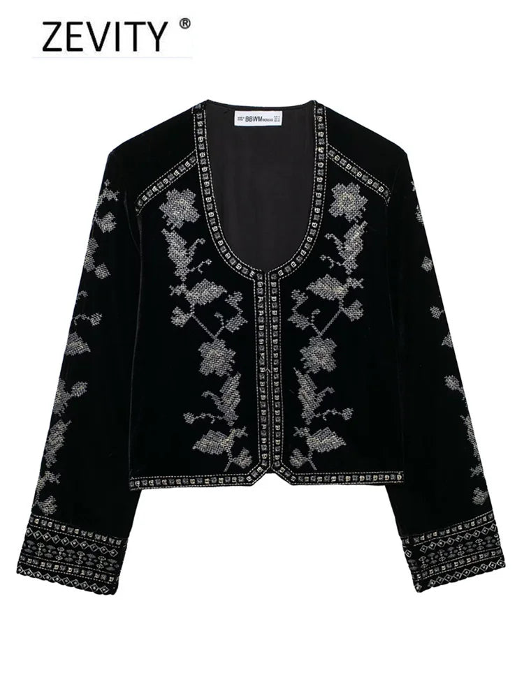 Elegant, Korean Zevity New Women Vintage O Neck Geometric Floral Embroidery Short Velvet Coat Office Lady Long Sleeve Outwear Jacket Tops CT7352