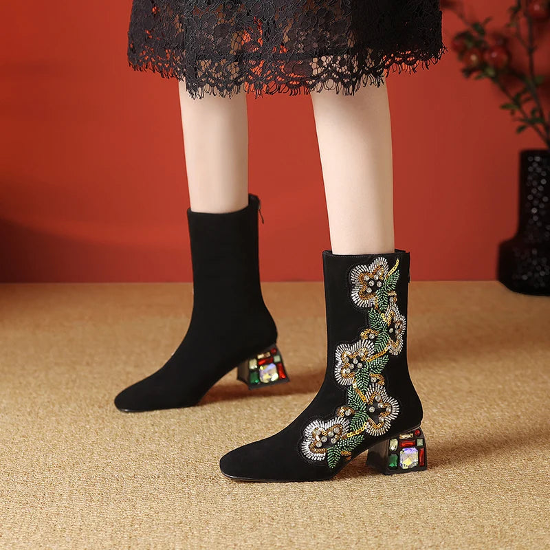 Dilalula 2026 Genuine Cow Suede Ethic Ankle Boots Women Square Toe Crystal Heel Embroider Short Boots Female Beads Dec Footwear