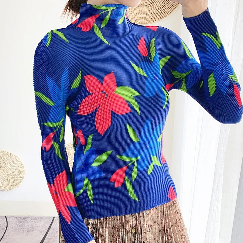 Miyake Pleated Contrasting Colors T-shirt Women Half Turtleneck Skinny Pullover 2025 Summer Fashion Female Clothing