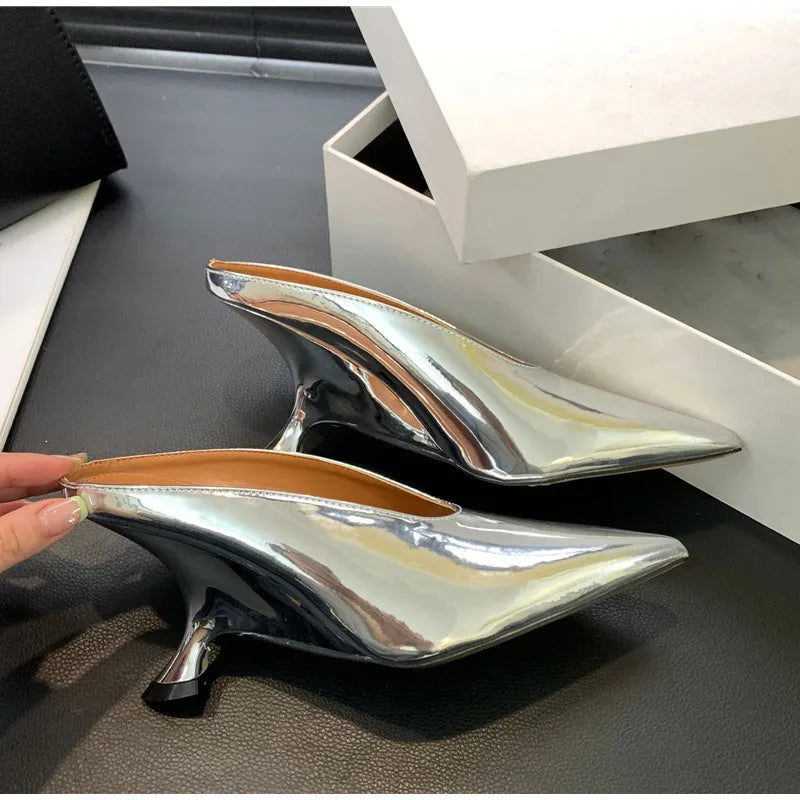 2024 New Design Fashion  Platform Wedges High Heels Mule Women Slippers Concise Shallow Pointed Toe Party Dress Ladies Shoes