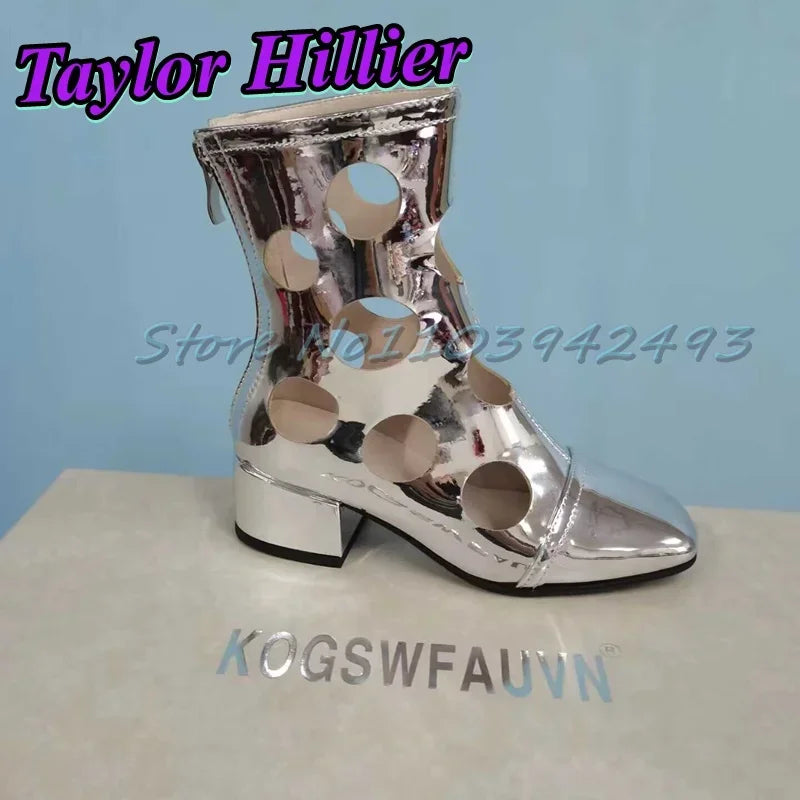 Silver Hollow Heeled Sandals Round Toe Heels Women Designer Luxury Shoes Spring Summer Hole Boots Ankle Short Boots Size Zipper