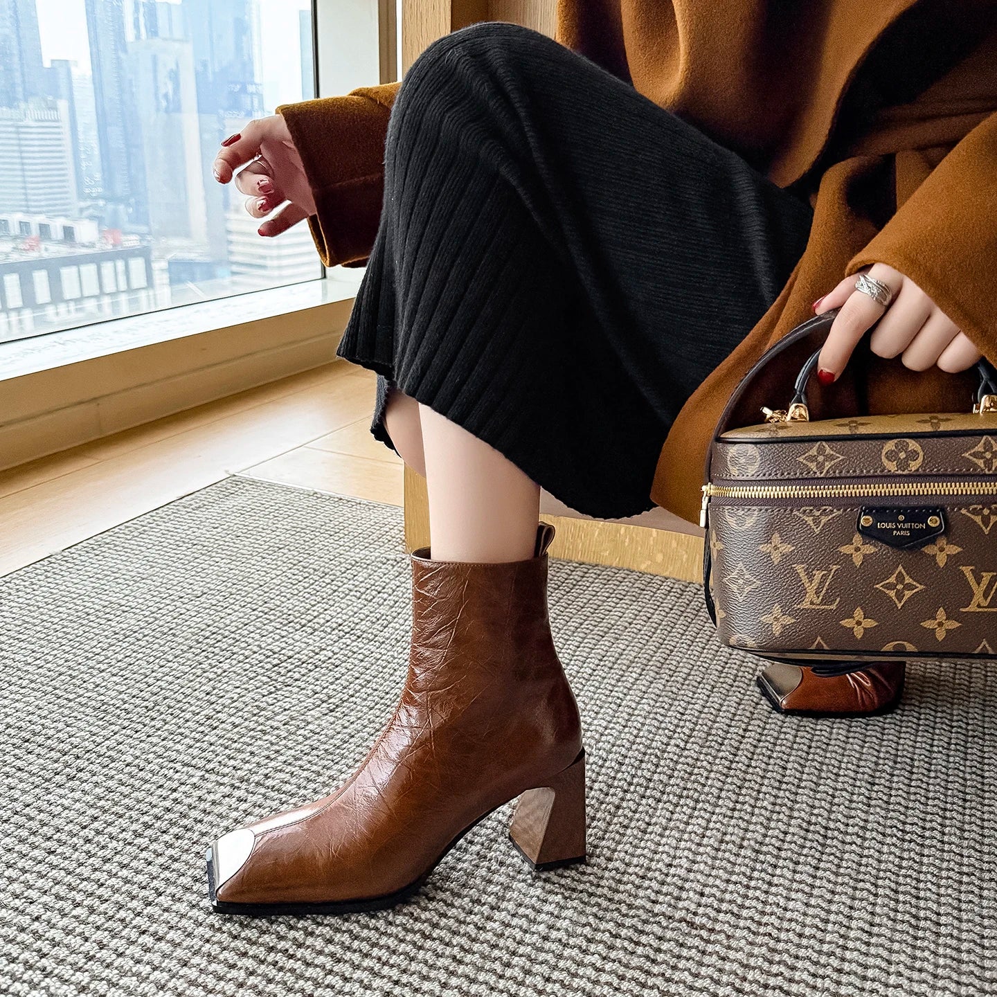 Fashion Genuine Leather women's Ankle Boots Square Metal Toe High Thick Heels Lady Party Dating Boots Women Autumn