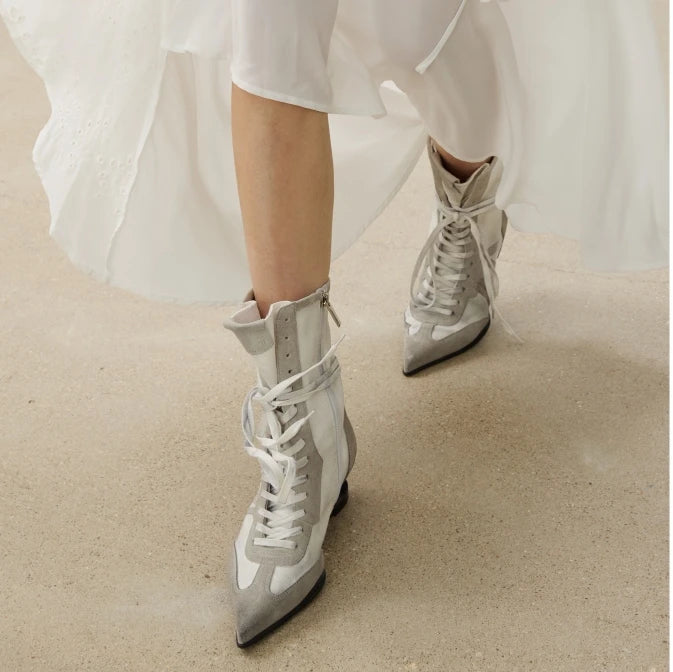 Pointed Toe Cross-tied Designer Women Boots Warm Strange Heel Retro Ankle Boots Zip Street Style Fashion High Short Boots Female
