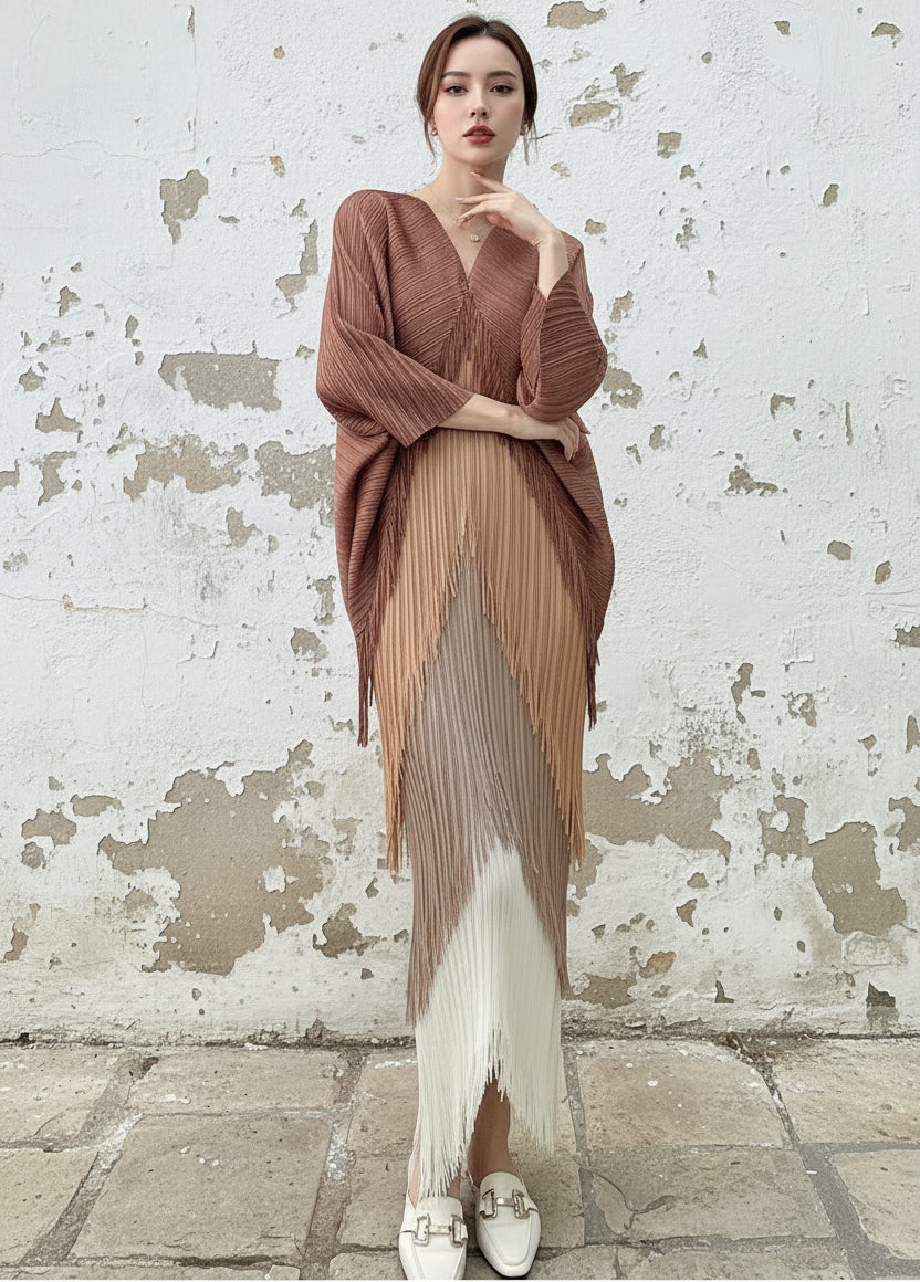 Fringe Pleated Dress Women's V-neck Bat Sleeve Splice Fashion Dress Women's 2026 Spring/Summer New