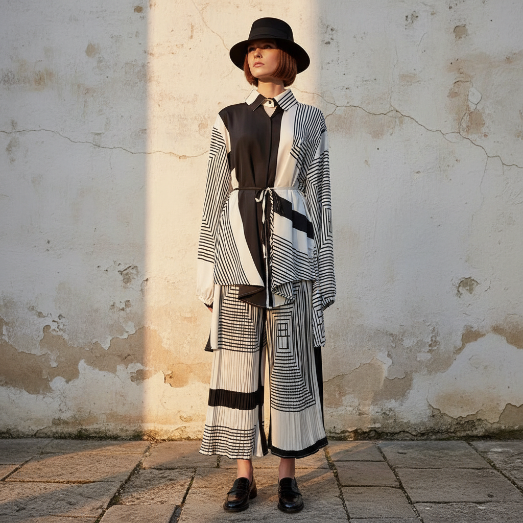 Spring Women's Retro Geometric Printed Collar Hoodie Loose Long Shirt Two Piece Set+Wide Leg Pants Fashion Set