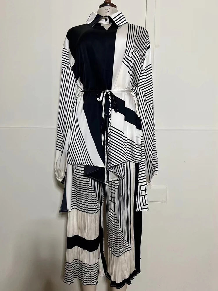 Spring Women's Retro Geometric Printed Collar Hoodie Loose Long Shirt Two Piece Set+Wide Leg Pants Fashion Set