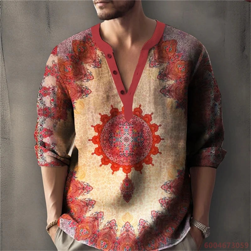 Men's Long-Sleeved Shirt with Retro Print, Stylish Design, Outdoor Casual Henley Collar, Loose Fit, Men's Vacation Top, XS-6XL.