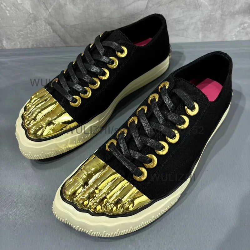 Gold Metal Glossy Five Finger Sneakers Women Lace Up Flats Sports Patchwork Casual Buckle Office Lady Design Catwalk Spring Shoe