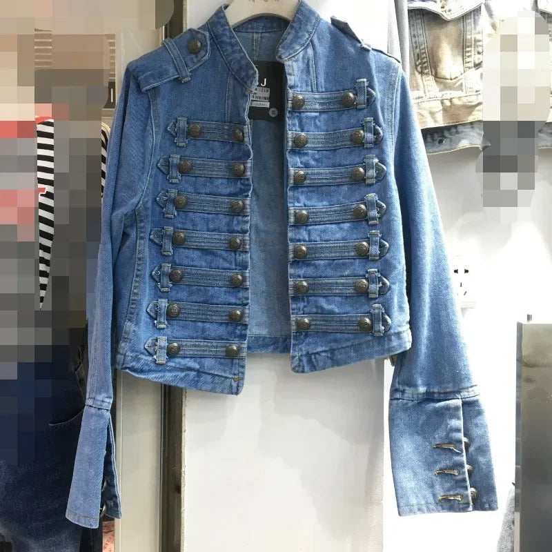 Retro Military Style Handsome Stand Collar Denim Jackets Female Double-breasted Wild Slim Short Denim Jackets Women Outerwear